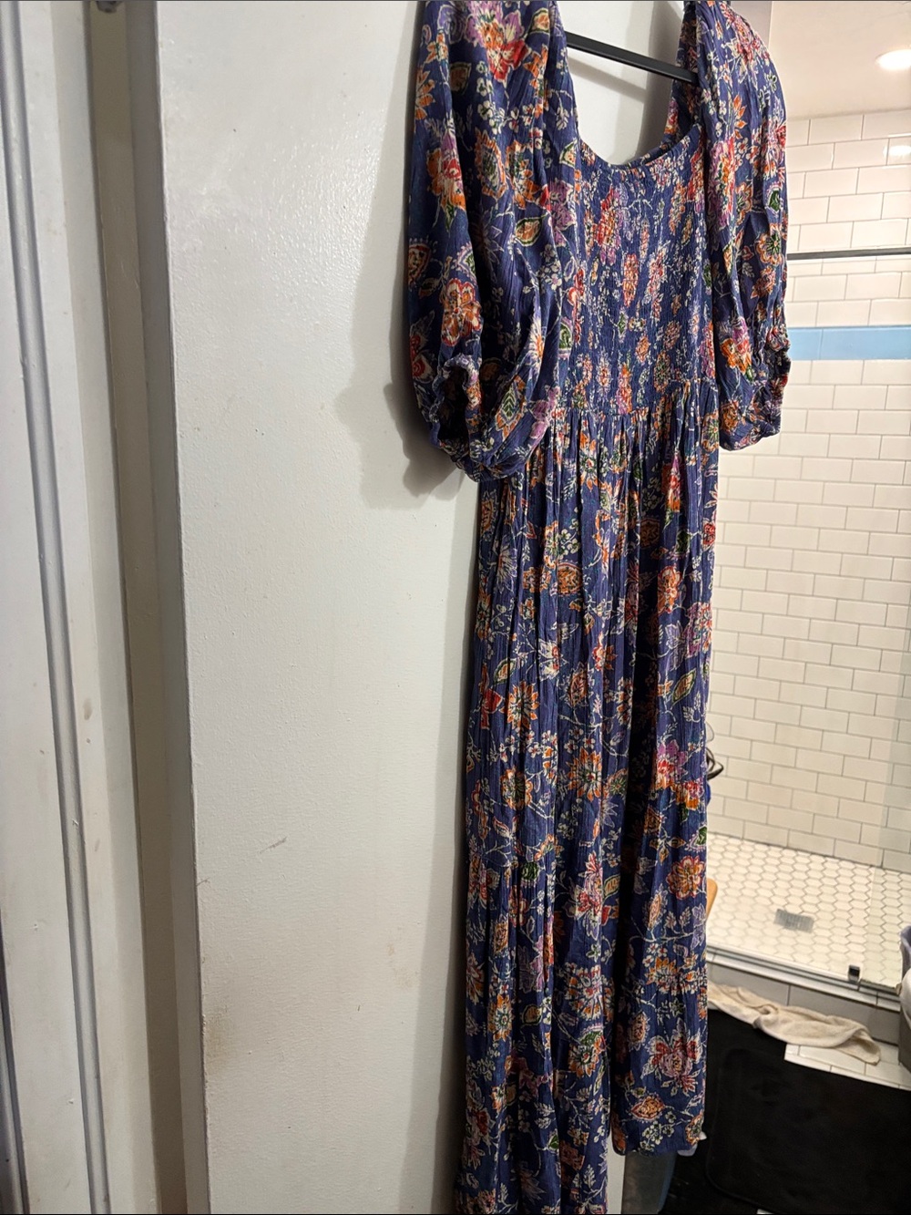Angie Blue Floral Midi Dress with Orange & Green Accents- P2P:17, Length:42 - Picture 2 of 11